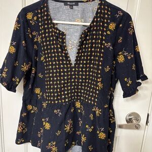 Madewell Blue and Yellow Graphic Blouse with Mandarin Collar